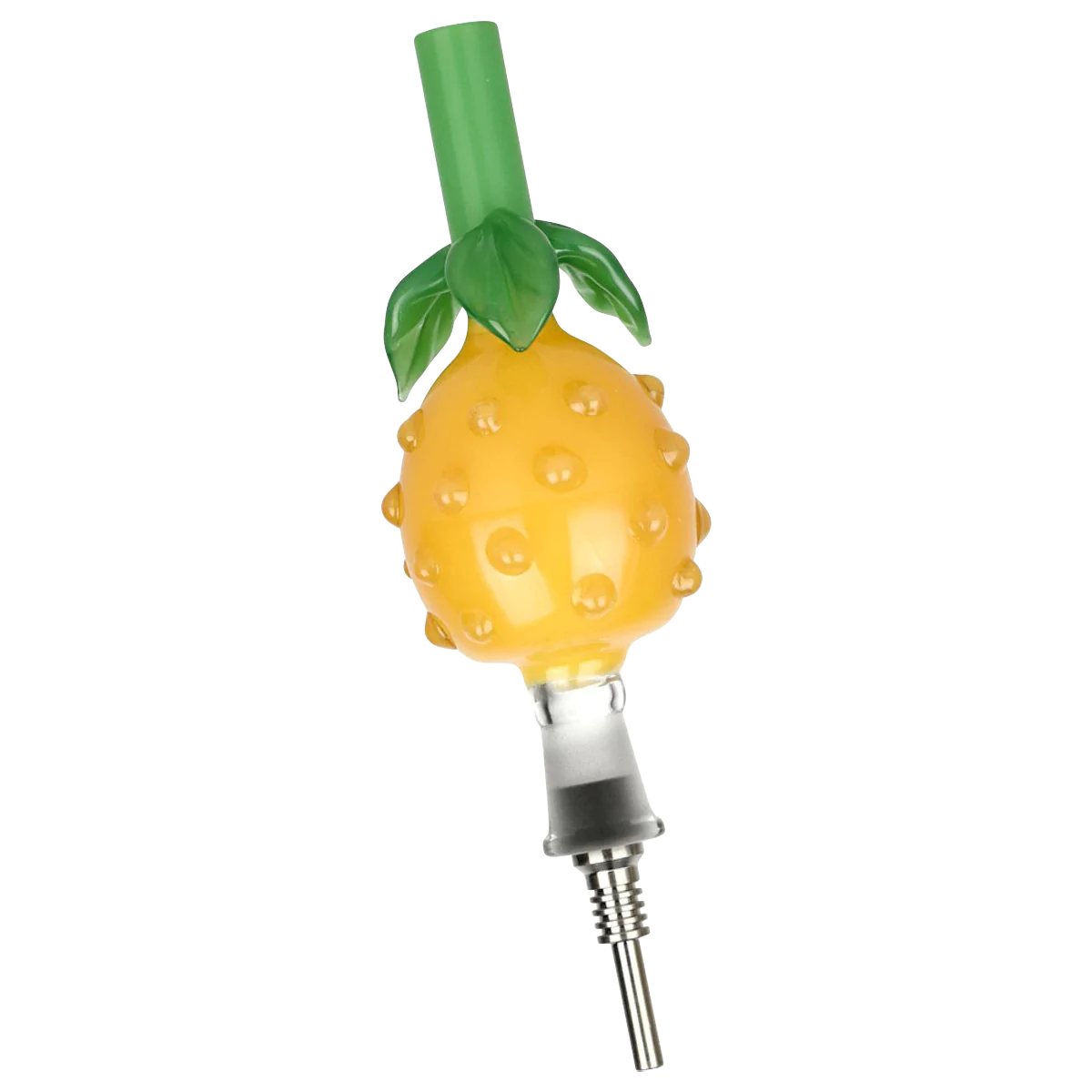 Perky Pineapple Glass Honey Straw with Titanium Tip, 6" size, angled view on striped background