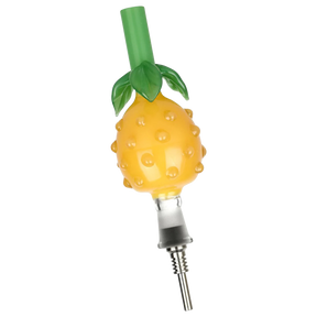 Perky Pineapple Glass Honey Straw with Titanium Tip, 6" size, angled view on striped background