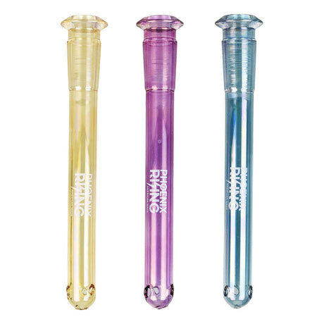Phoenix Rising 14mm Diffused Downstems in metallic yellow, purple, and blue - Front View