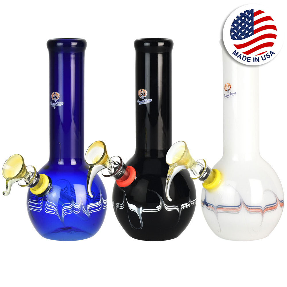 Phoenix Rising 7" Round Base Water Pipes in Blue, Black, and White Borosilicate Glass
