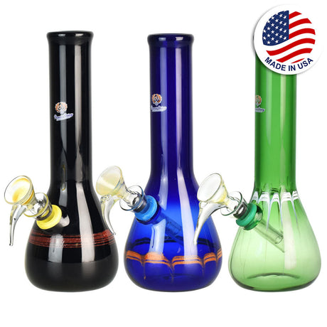 Phoenix Rising Beaker Base Water Pipes in black, blue, and green with borosilicate glass