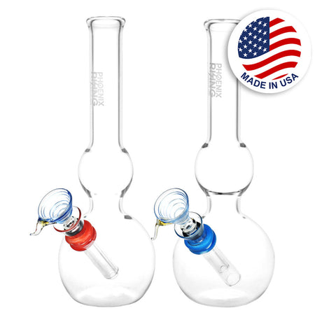 Phoenix Rising Double Bubble Water Pipe, 8 Inch, with red and blue bowls, front view on white background