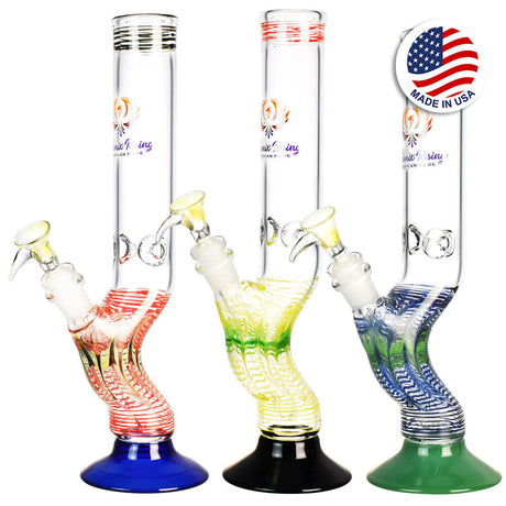 Phoenix Rising Hand Grip Water Pipes in Red, Yellow, Blue with Borosilicate Glass, Front View