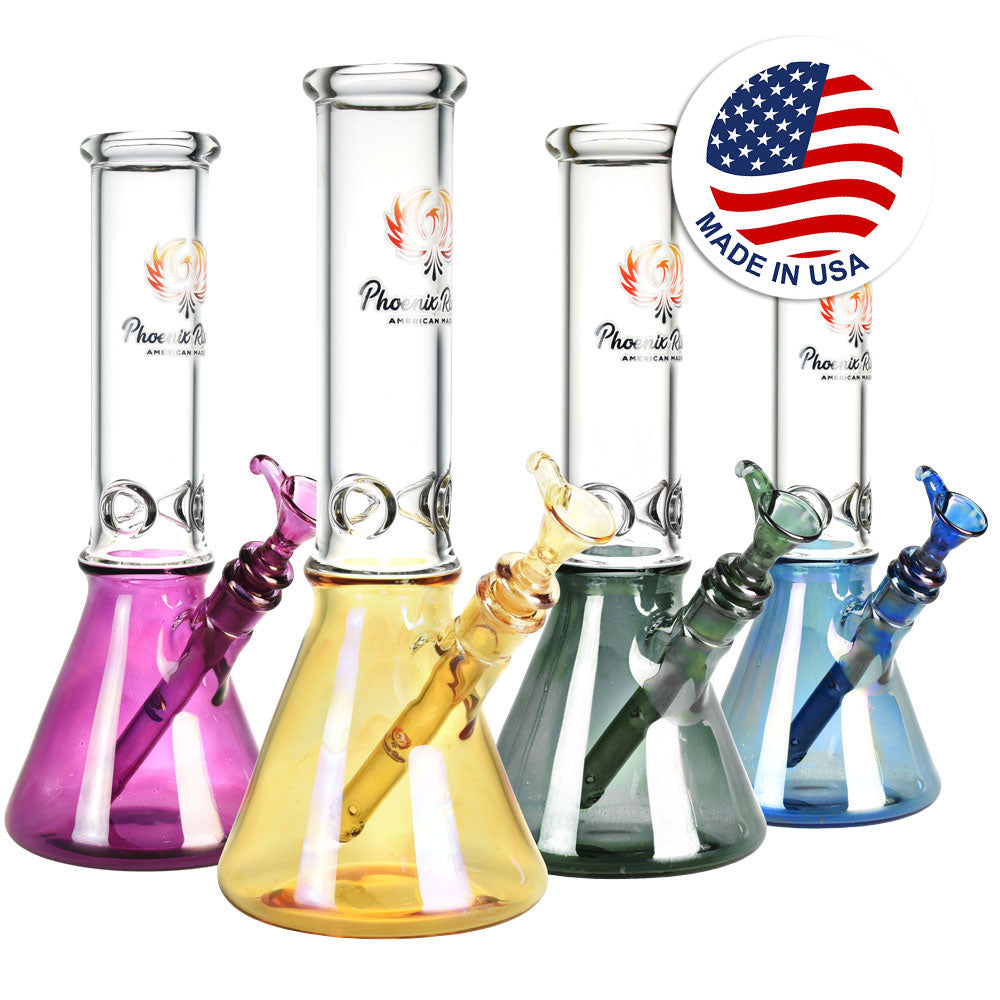 Phoenix Rising Beaker Bongs in Metallic Colors, Borosilicate Glass, Made in USA