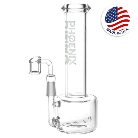 Phoenix Rising Oil Can Dab Rig with clear glass and logo, 9"/14mm M, front view on white background