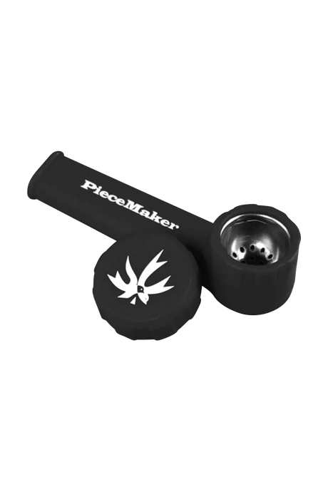 PieceMaker "Karma" Silicone Pipe in black, 3.5" long, steel bowl for dry herbs, angled side view