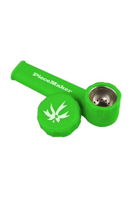 PieceMaker "Karma" Silicone Pipe in green, 3.5" length, for dry herbs, with steel bowl, side view