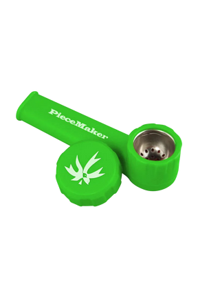 PieceMaker "Karma" Silicone Pipe in green, 3.5" length, for dry herbs, with steel bowl, side view