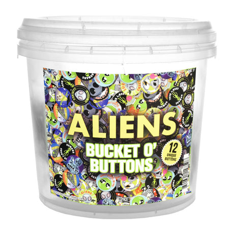 Aliens-themed 144-piece metal pinback buttons in a bucket, 1.25" diameter, novelty gift item