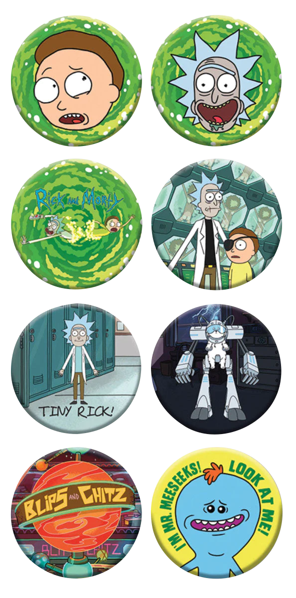 Assorted Rick and Morty themed pinback buttons, 1.25" diameter, vibrant colors, front view