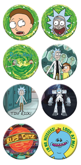 Assorted Rick and Morty themed pinback buttons, 1.25" diameter, vibrant colors, front view