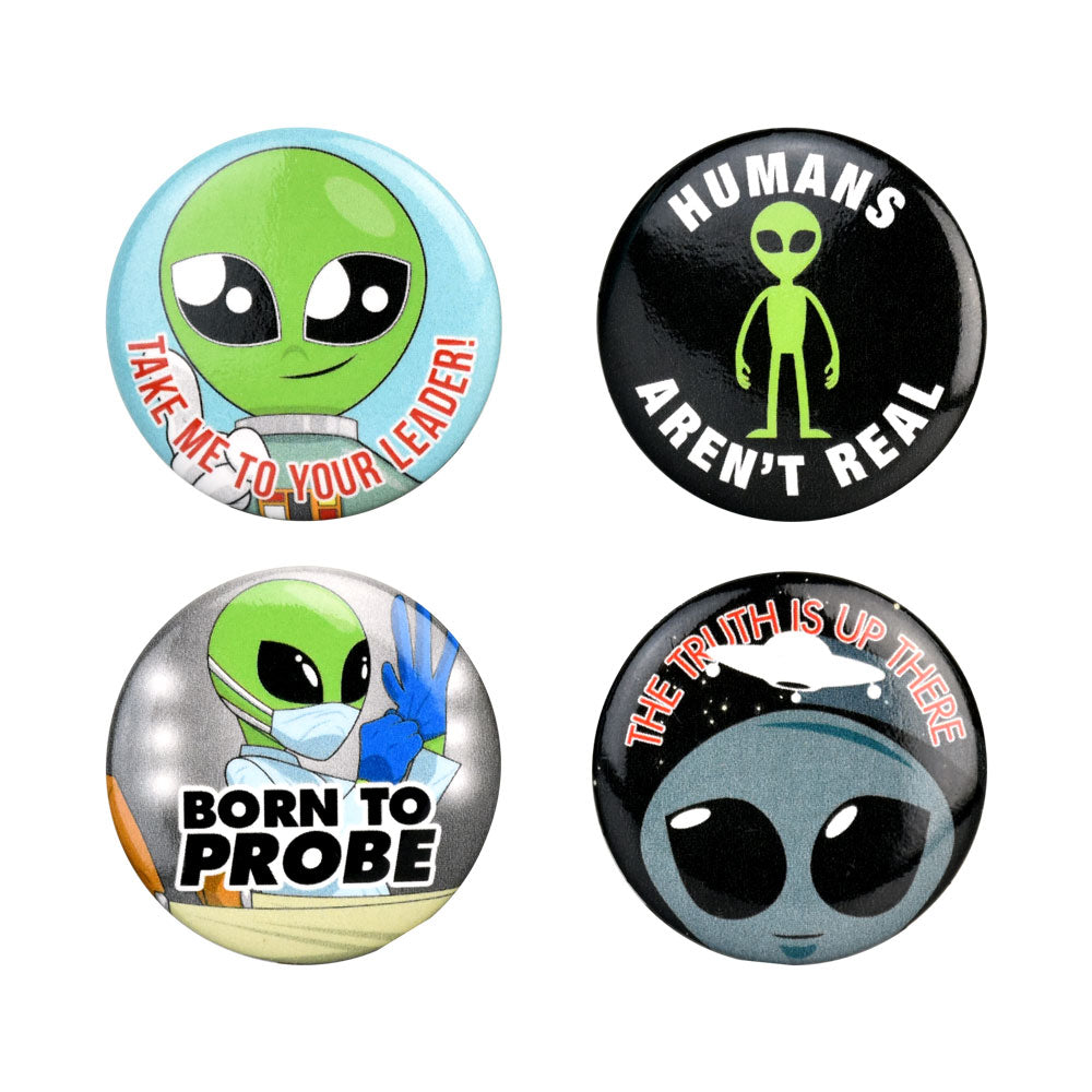 Assorted 1.25" Pinback Buttons with Alien Themes, Metal Novelty Gifts, Top View
