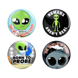 Assorted 1.25" Pinback Buttons with Alien Themes, Metal Novelty Gifts, Top View