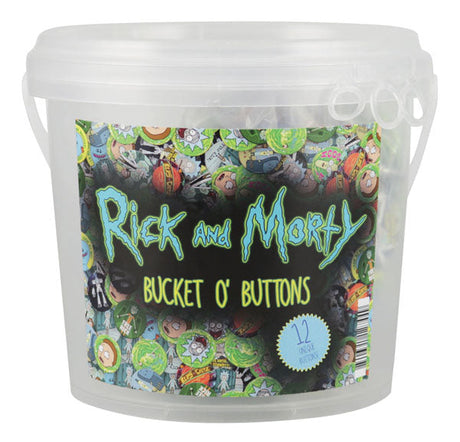 144 Piece Bucket of 1.25" Pinback Buttons featuring Rick and Morty designs, front view on white background
