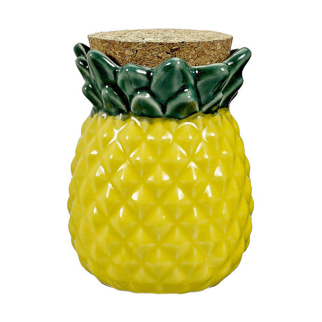 Ceramic Pineapple Stash Jar with Cork Lid, 4" Tall, Ideal for Dry Herbs Storage - Front View