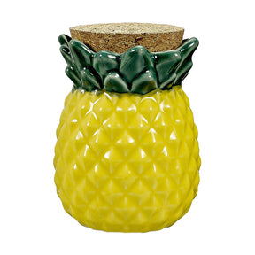 Ceramic Pineapple Stash Jar with Cork Lid, 4" Tall, Ideal for Dry Herbs Storage - Front View