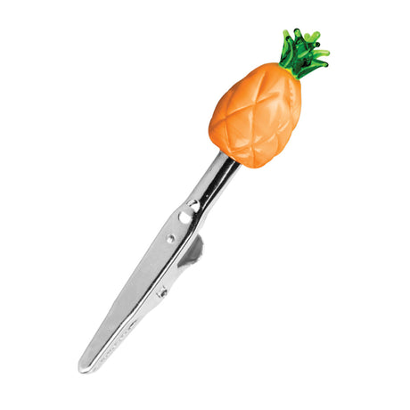 Colorful Pineapple Glass Roach Clip front view on seamless white background, ideal for joint holding