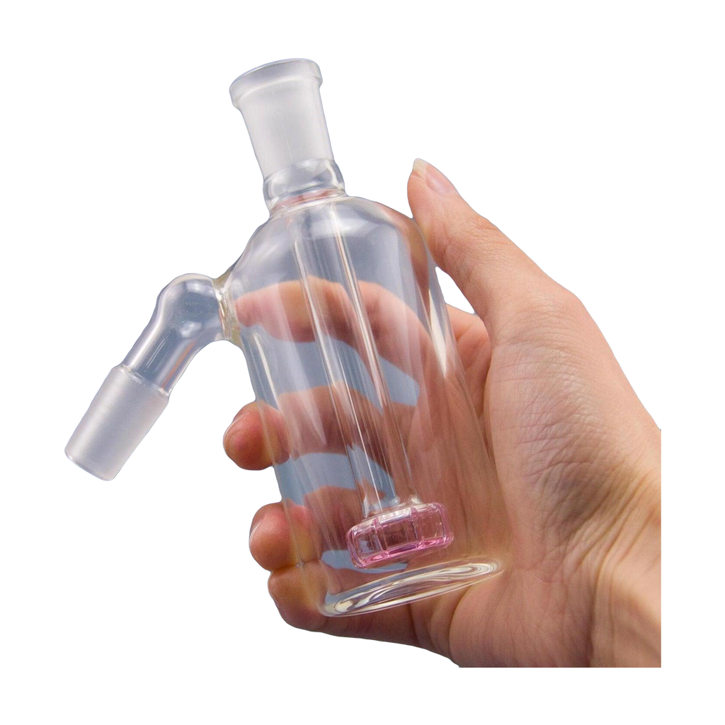 PILOT DIARY 14mm Ash Catcher 45˚ held in hand, clear glass with pink accent, side view