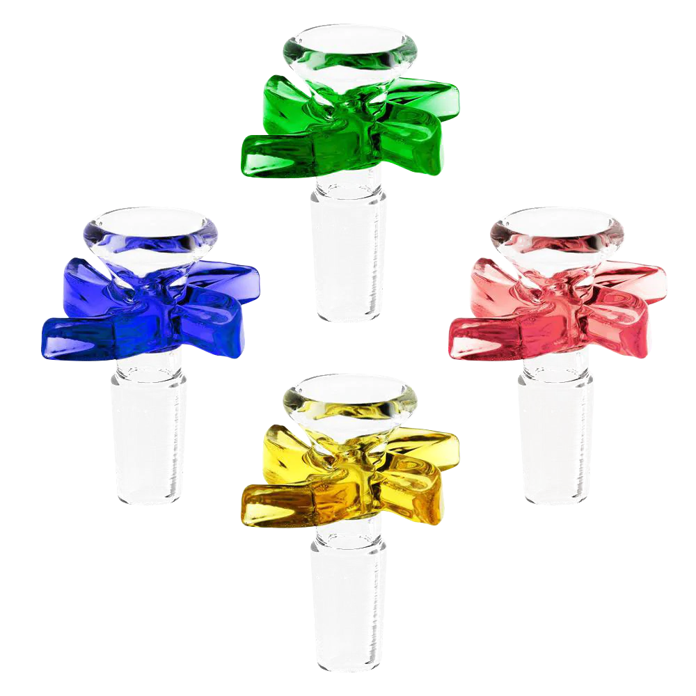 Assorted colors Pinwheel Herb Slide Bowls for bongs, borosilicate glass, front view