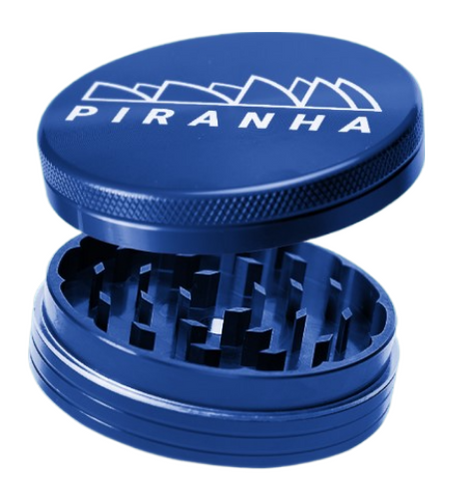 Piranha 2 Piece 2.2" Aluminum Grinder in Blue, Open View Showing Sharp Teeth