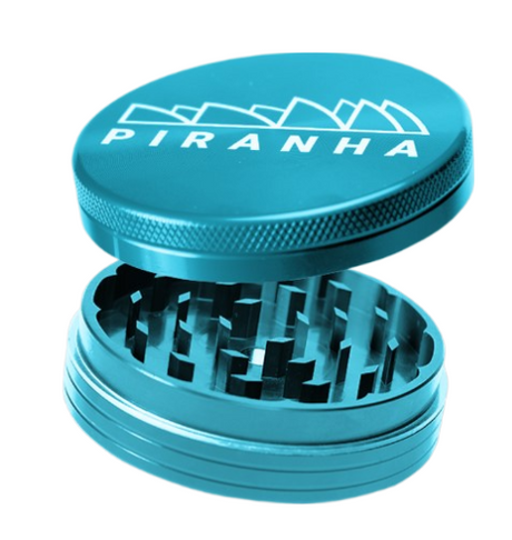 Piranha 2 Piece 2.2" Aluminum Grinder in Tropic Envy color, open view showing sharp teeth