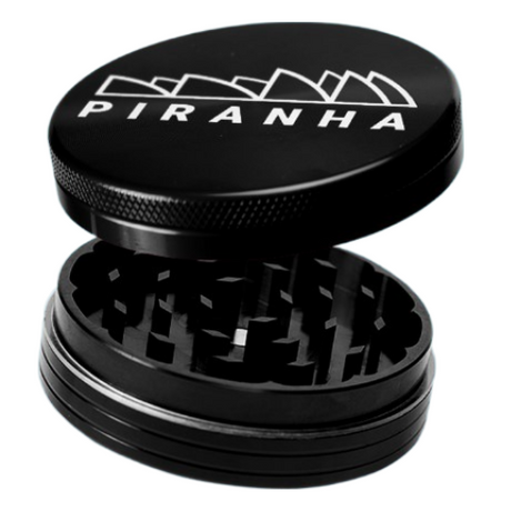 Piranha 2.5" Black Aluminum 2-Piece Grinder Open View showing sharp teeth