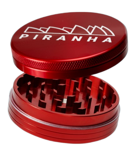 Piranha 2.5" Aluminum 2-Piece Grinder in Red, Open View Showing Sharp Teeth