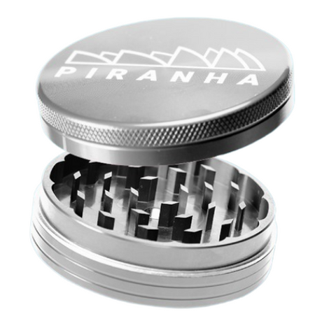 Piranha 2.5" Aluminum 2-Piece Grinder, Silver, Opened to Show Sharp Teeth - Top Angle View