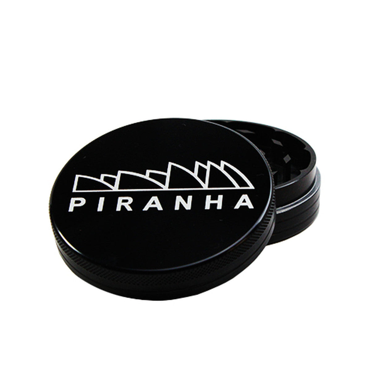Piranha 2 Piece Black Aluminum Grinder, 3.0" Diameter, Front View on White Background