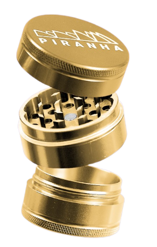 Piranha 3 Piece 2.0" Gold Aluminum Grinder, Medium Size, Angled View with Open Chambers
