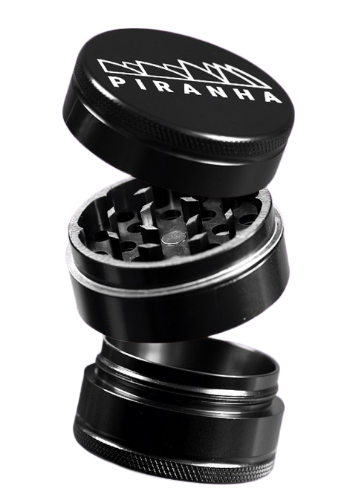 Piranha 3 Piece 2.2" Aluminum Grinder in Black, Angled View with Exposed Teeth