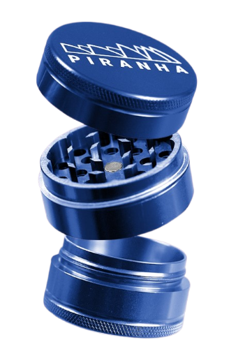 Piranha 3 Piece 2.2" Aluminum Grinder in Blue, Angled Open View Showing Teeth