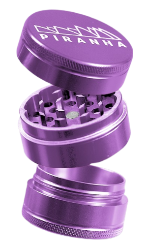 Piranha 3 Piece 2.2" Aluminum Grinder in Purple, Angled View with Open Compartments