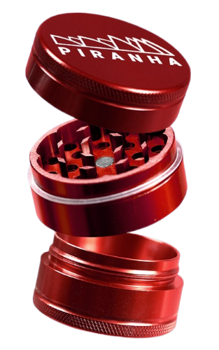 Piranha 3 Piece Aluminum Grinder in Red, 2.2" with Sharp Teeth - Angled Open View