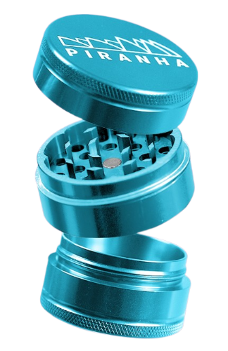 Piranha 3 Piece 2.2" Aluminum Grinder in Tropical Envy color, angled view with open compartments
