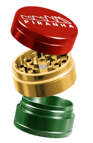 Piranha 2.5" Aluminum 3-Piece Grinder in Rasta Colors, Angled View with Open Chambers
