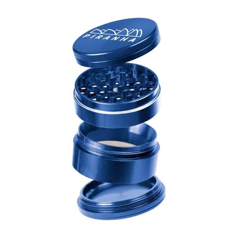 Piranha 4 Piece Grinder in Blue, 2.2" Aluminum with Sharp Teeth and Pollen Catcher - Angled View