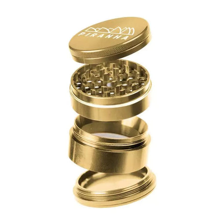 Piranha 4 Piece 2.2" Aluminum Grinder in Gold, Disassembled View Showing All Parts