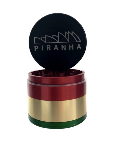 Piranha 4 Piece 2.2" Aluminum Grinder in Rasta colors with logo, front view on white background