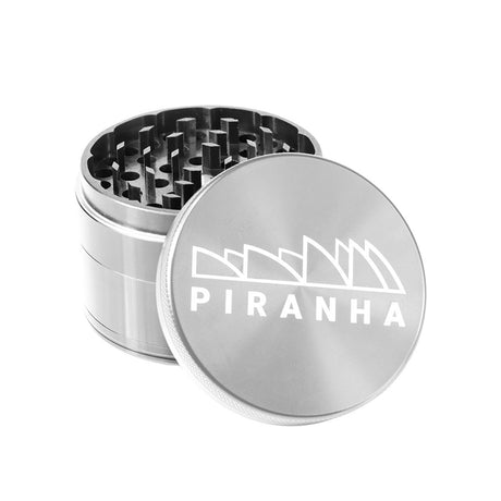 Piranha 4 Piece 2.5" Aluminum Grinder, Opened to Show Sharp Teeth, Top View