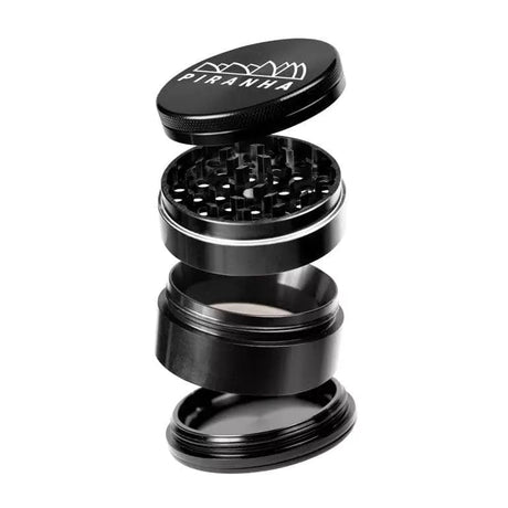 Piranha 4 Piece 2.5" Aluminum Grinder, Black, Angled View with Visible Teeth and Pollen Screen