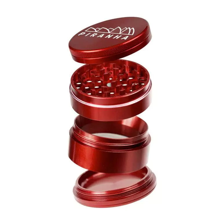 Piranha 4 Piece Aluminum Grinder in Red, 3.0" Diameter, Isolated on White Background