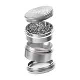 Piranha 4 Piece Aluminum Grinder, 3.0" Diameter, Silver, Open View Showing All Parts