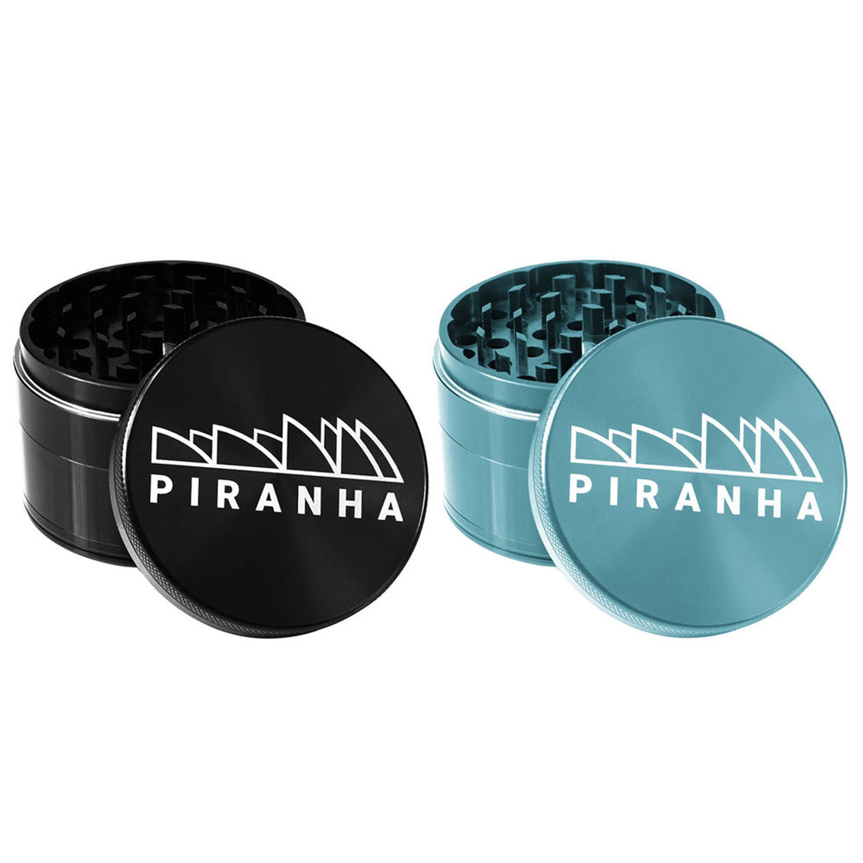 Piranha 4 Piece 3.5" Aluminum Grinders in Black and Teal - Front View