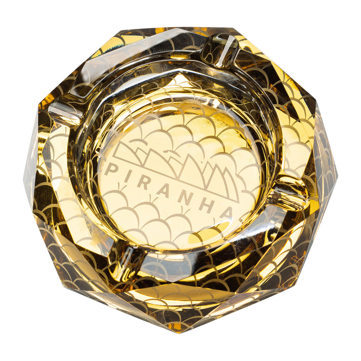 Piranha Glass Anise Star Ashtray with gold scales pattern, thick borosilicate glass, top view