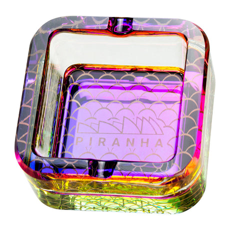 Piranha Glass Cube Ashtray with Chroma Rainbow Scales Pattern, Top View on White Background
