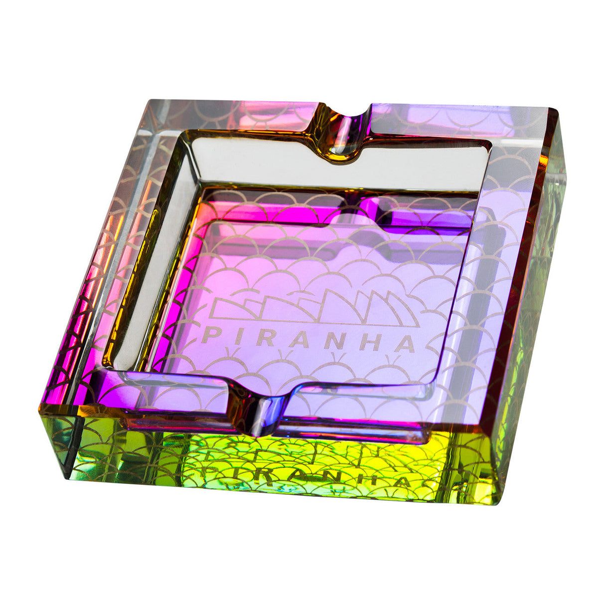 Piranha Glass Square Ashtray with Chroma Rainbow Finish and Scales Pattern, Top View