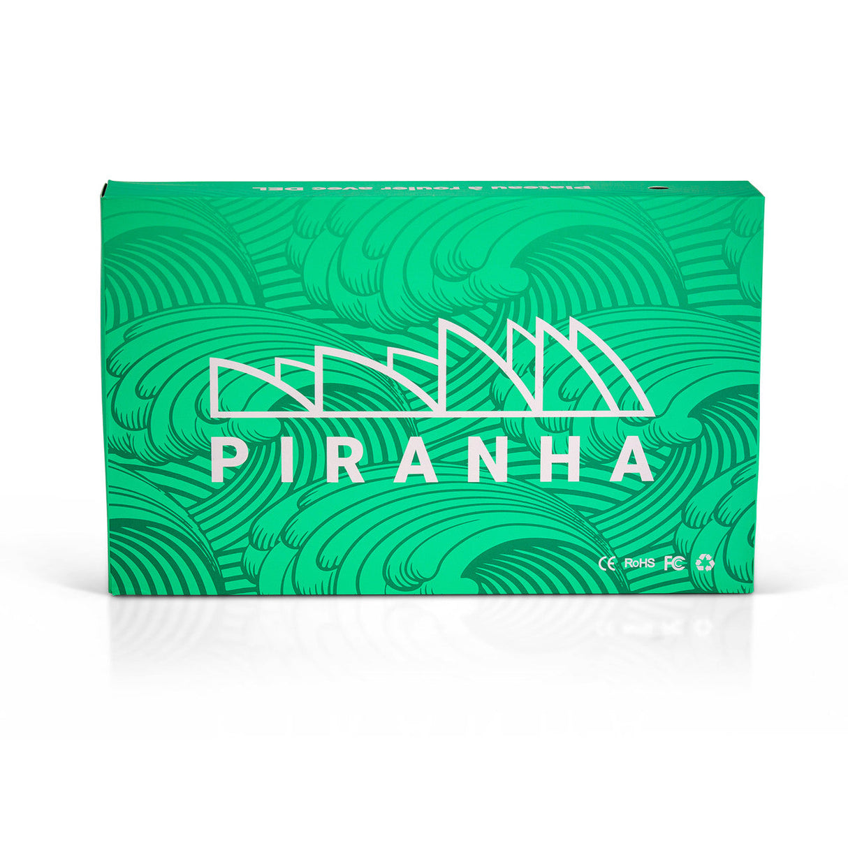 Piranha LED Rolling Tray front view with vibrant green wave pattern and logo