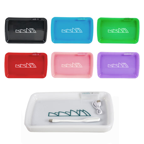 Piranha LED Rolling Tray in multiple colors, top view, with illuminated edges and rolling accessories
