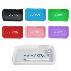 Piranha LED Rolling Tray in multiple colors, top view, with illuminated edges and rolling accessories